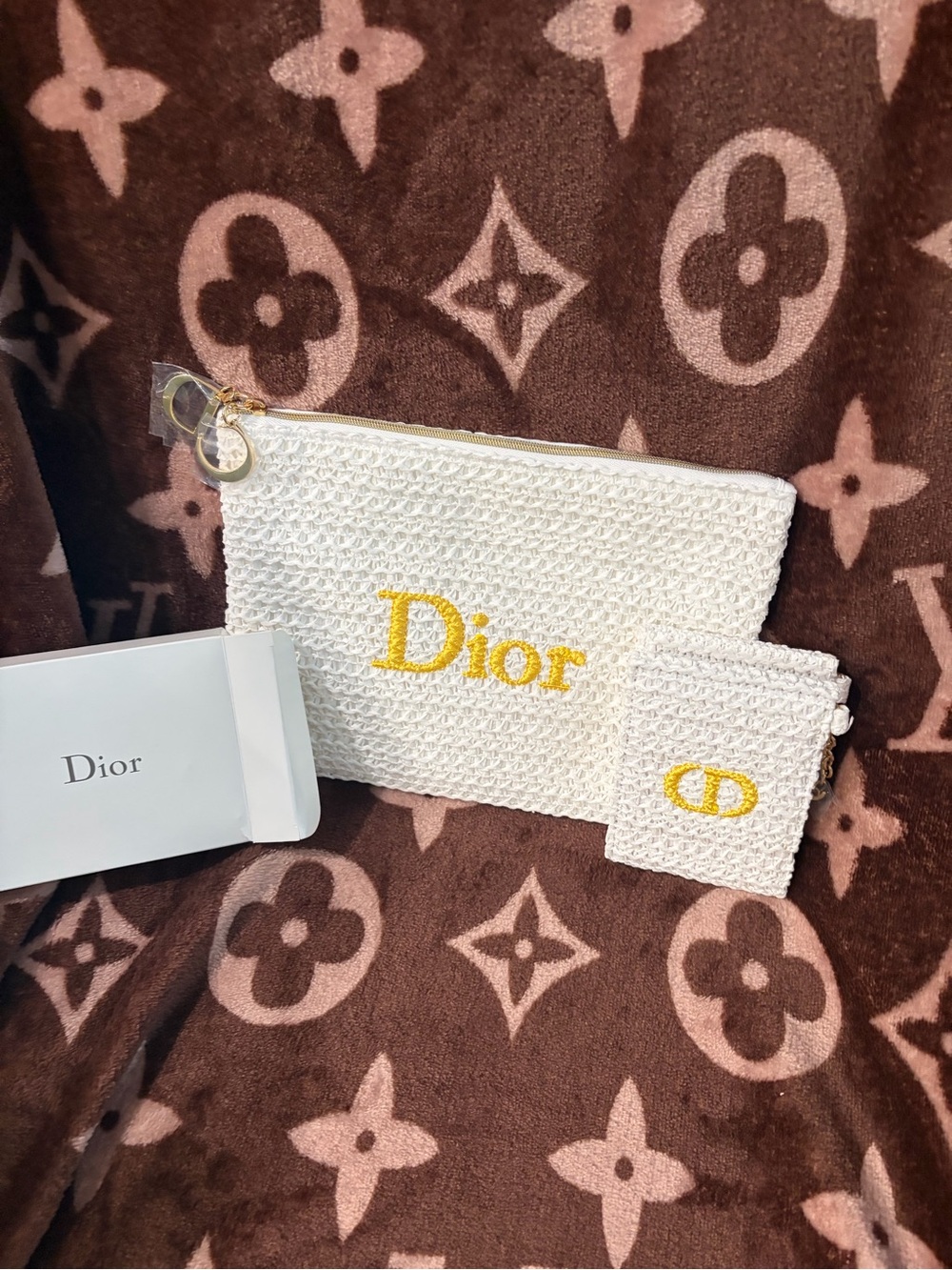 Dior White Crochet Pouch Set with Yellow Embroidery